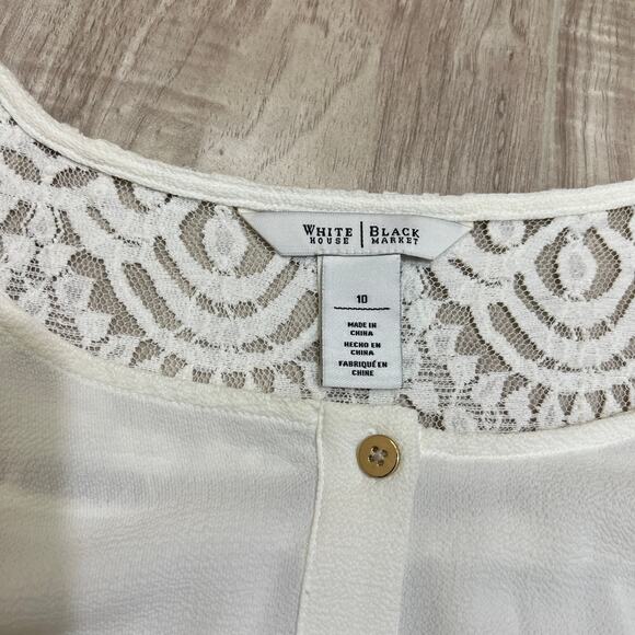 White House Black Market Sheer Chiffon Eyelet Lace Yoke Blouse/Tie Sleeves Sz 10 - Picture 10 of 14